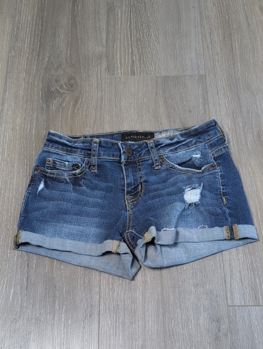 Aeropostale Distressed Shorty Dark Blue Denim Roll-Cuff Women's Shorts